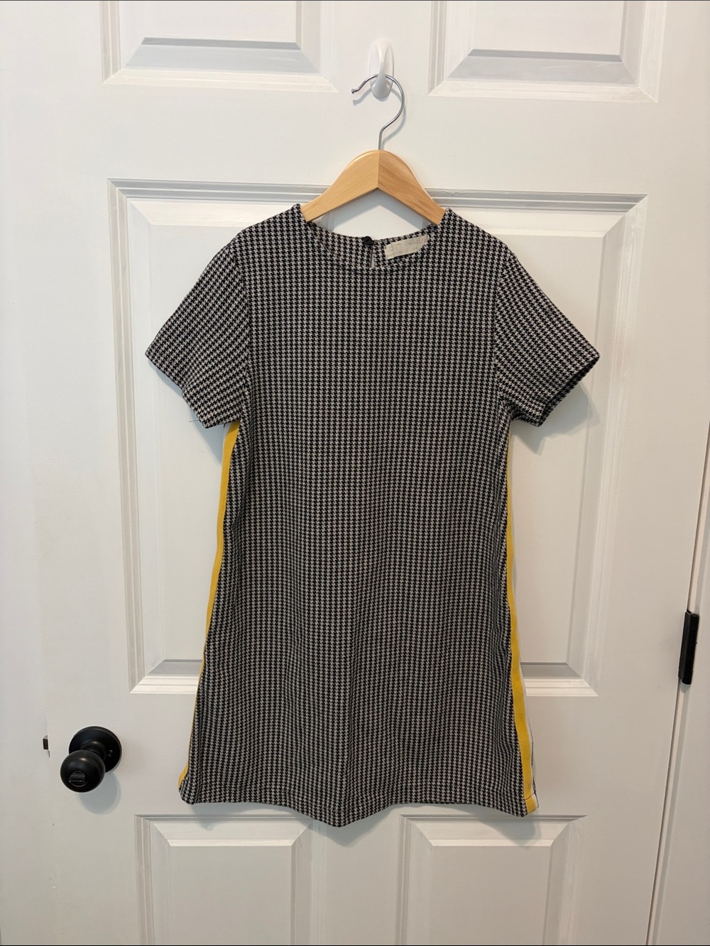 Zara Black & White Houndstooth Crew Neck Dress with Yellow Side Stripes
